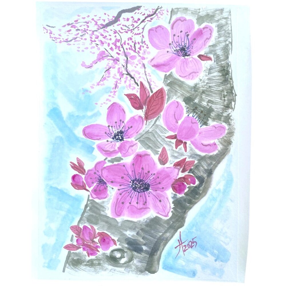 Art Original Sakura on a Trunk Flower Watercolor Painting 11x14in Matted